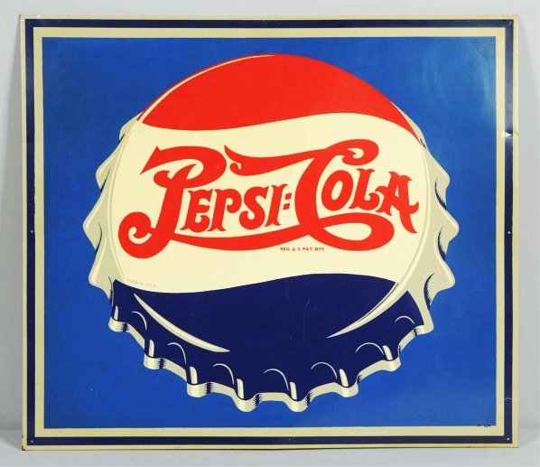 1950s Pepsi-Cola Tin Sign.: Clean and bright with shallow minor bends and crimps and light scratches only. Condition (Excellent). Size 26 - 1/2" x 30 - 1/2".