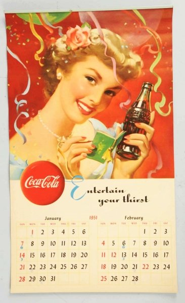 1951 Coca-Cola Calendar.: Complete bright example with only very minor marks of any sort with exception of the back of last page which is a 1950 December sheet. Condition (Excellent - Near Mint). Size 22" x 13".