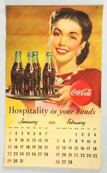 1950 Coca-Cola Calendar.: Surface marks a few bends and tiny bottom edge tears and mild stain only on the first sheet. Minor marks otherwise. Condition (Excellent). Size 22" x 13".