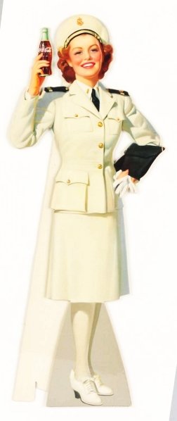 Cardboard Coca-Cola Cutout.: 1944. Features a Coast Guard girl in white uniform. Beautiful and strong condition with only very minor small bends on the corner of the pocketbook and minimal marks. Condition (Near Mint). Size 17 - 
