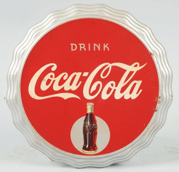 1930s Coca-Cola Embossed Tin Sign.: Kay Displays made with original cardboard backing. Edge rust on surface with light wear and scratches. Condition (Very Good). Size 10" Dia.