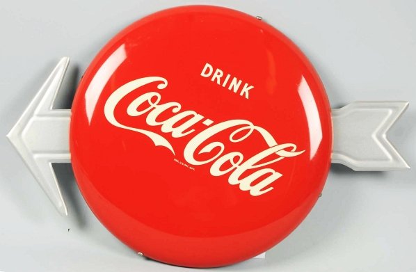 1950s Coca-Cola Tin Button & Arrow Sign.: With old connecting hardware used, only edge spider webs and tiny wear. Condition (Near Mint). Size 24 - 1/4" L.