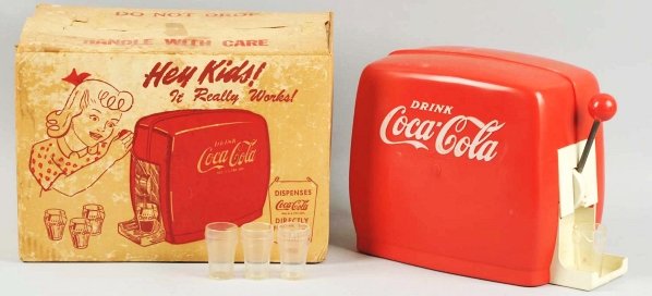 Coca-Cola Child's Toy Dispensers & Boxes.: 1950s and 1960s. Light wear and soiling on toys, but heavier so on both boxes. 1960s missing plastic glasses. Condition (Very Good). Size Each Box: 9" x 12 - 1/2" x 7 - 3/4".