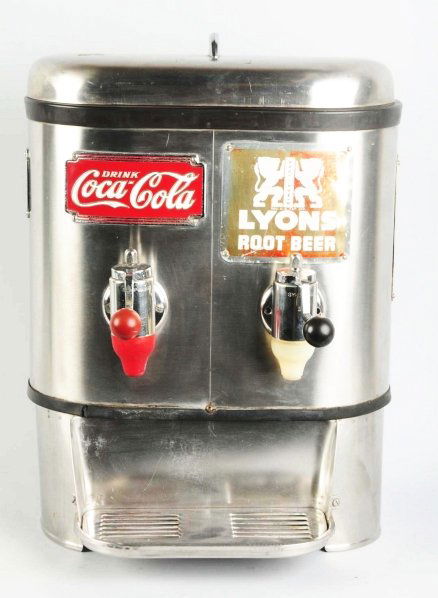 Multiplex Coke & Lyons Root Beer 2-Tap Dispenser.: 1930s. Stainless steel body with fading and light wear on root beer sign tags. Minor marks otherwise. Condition (Excellent). Size 23" x 17 - 1/2".