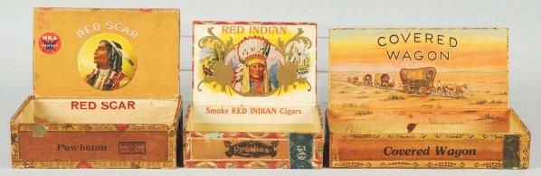 Lot of 3: Indian & Western Themed Cigar Boxes.: Circa 1910s to 1930s. Inner titles include "Covered Wagon", "Red Scar", and "Red Indian". Images are of a wagon train and Indian men. Condition (Good - Very Good). Size Largest: 11 - 1/4" L.