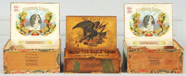 Lot of 3: Dogs & Eagle Cigar Boxes.: Circa 1920s. Inner titles include two "Montana Sport" and "The Eagle". Images are of a portrait of a gun dog and a perched eagle. Condition (Good - Very Good). Size Largest: 8" L.