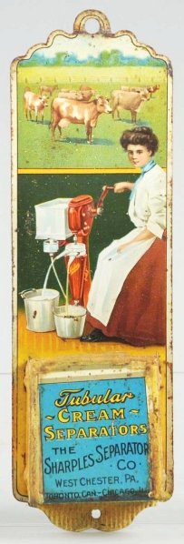 Sharples Separator Tin Match Holder.: Circa 1910. Light surface rust, nicks, wear, with paint retouching at bottom on strike panels. Condition (Very Good). Size 7" T.