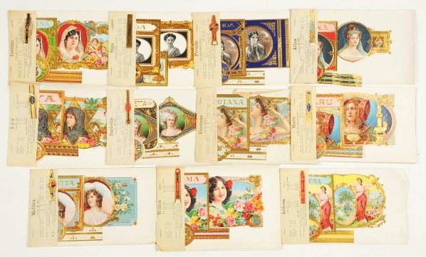 Lot of 11: Lady-Themed Cigar Label Dealer Sets.: Circa 1900s to 1920s. Lot consists of 11 cigar label dealer sample sets. Subject matter includes female portraits. Each set consists of a price sheet and all components for a box (inner, outer, top sh