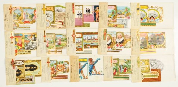Lot of 15: Miscellaneous Cigar Label Dealer Sets.: Circa 1900s to 1920s. Lot consists of 15 cigar label dealer sample sets. Subject matter includes male and female portraits, ship, and plantation scenes. Each set consists of a price sheet and all comp