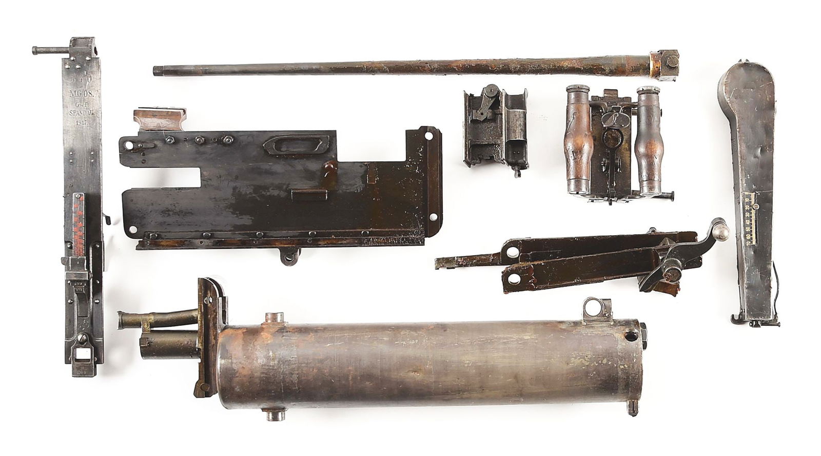 RARE GERMAN WORLD WAR I SPANDAU MANUFACTURED MG-08 MAXIM MACHINE GUN PARTS KIT.: Offered here are most of the parts of a German WWI MG-08 Maxim manufactured at Spandau Arsenal in 1917. No right sideplate present, but the remaining parts are fabulous and matching (540e), including: