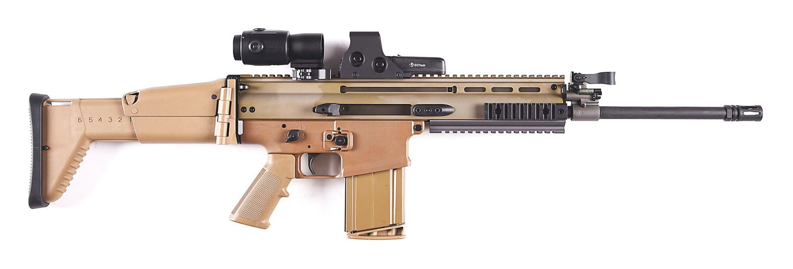 (M) FN HERSTAL SCAR 17S SEMI-AUTOMATIC RIFLE WITH EOTECH OPTICS.: Manufactured in Belgium. Features include a matte black finished pencil barrel chambered in 7.62x51mm, bird cage flash hider, flat dark earth finishes, side charging upper receiver, ambidextrous contr