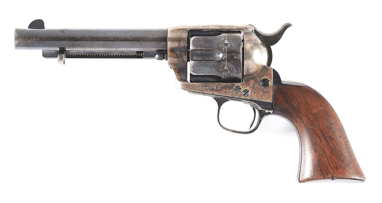 (A) COLT ARTILLERY SINGLE ACTION ARMY REVOLVER.: Originally built in 1875 for US military use, and subsequently rebuilt for US military use in the 1890s during the Spanish-American War. Features include 5 - 1/2" barrel chambered in .45 Colt with bla
