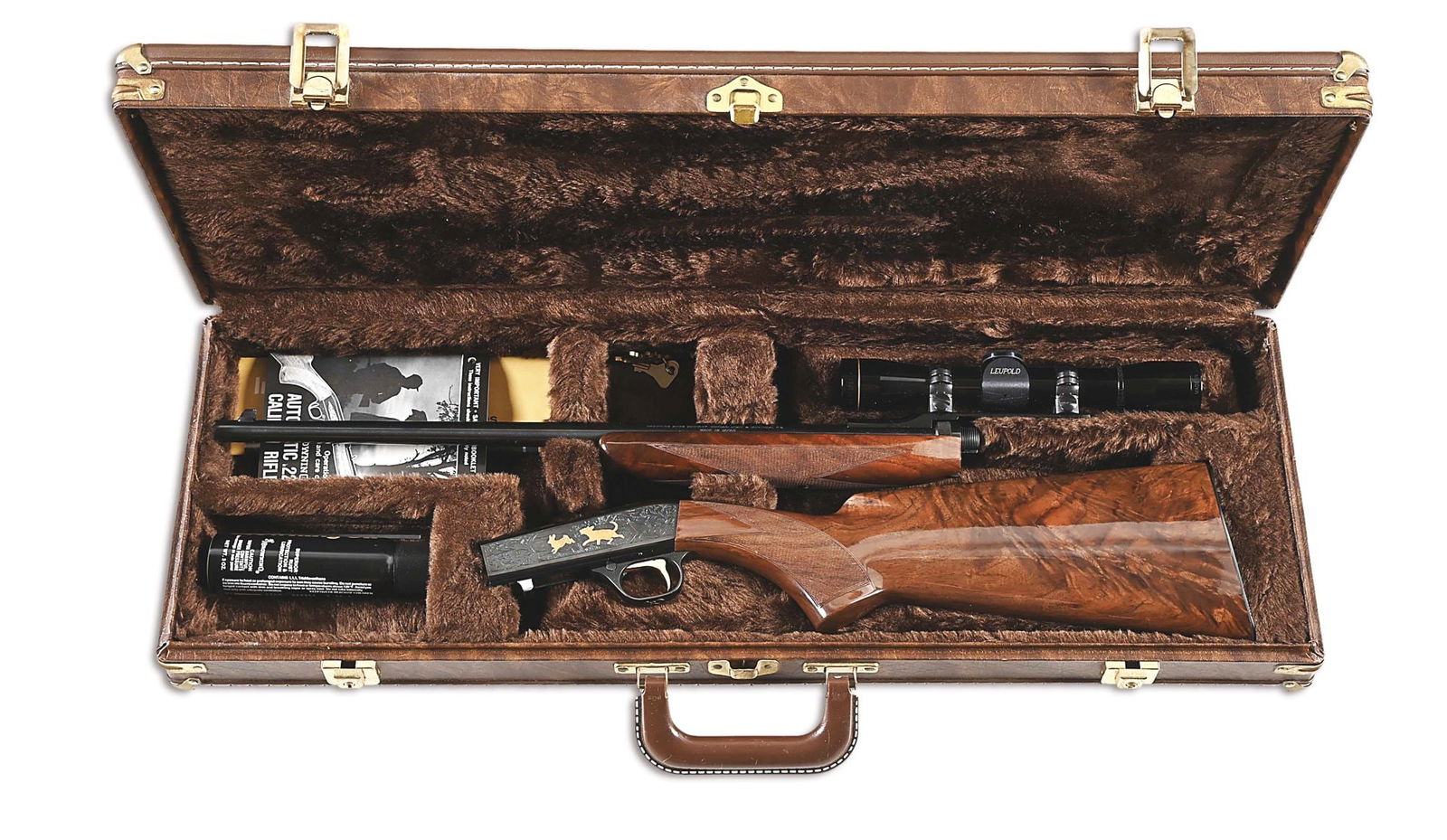 (M) CASED VI GRADE ENGRAVED BROWNING SA-22 SEMI AUTOMATIC RIFLE.: Made in Japan by Miroku for Browning Arms Company in 1987. Standard 19 -1/2" round blued barrel with standard sights and Browning Arms address. Action fitted with Browning scope mount and Leupold 4x R