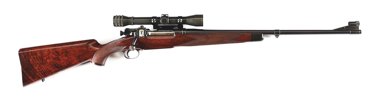 (C) GRIFFIN & HOWE BOLT ACTION SPORTING RIFLE BUILT ON A SPRINGFIELD 1903 ACTION.: Action built as 1903 Springfield by Springfield Armory in 1939 and subsequently rebuilt by Griffin and Howe circa 1950. 22" round tapered blued barrel with hooded ramp front sight, Griffin and Howe Ne