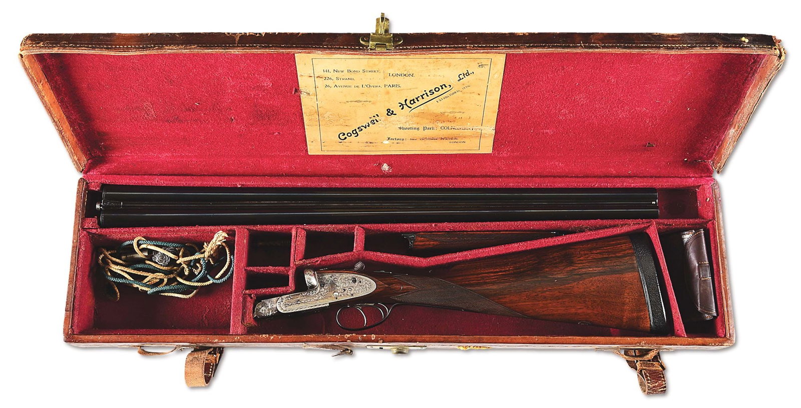 (C) COGSWELL & HARRISON 12 GAUGE SLE SIDE BY SIDE SHOTGUN WITH CASE.: Circa 1938. A rare game gun with nitro proofed 27 - 5/8" blued barrels. Barrels have been uniquely built with Cogswell and Harrison's assisted opening mechanism and ejectors. Chamber lengths are 2 - 1