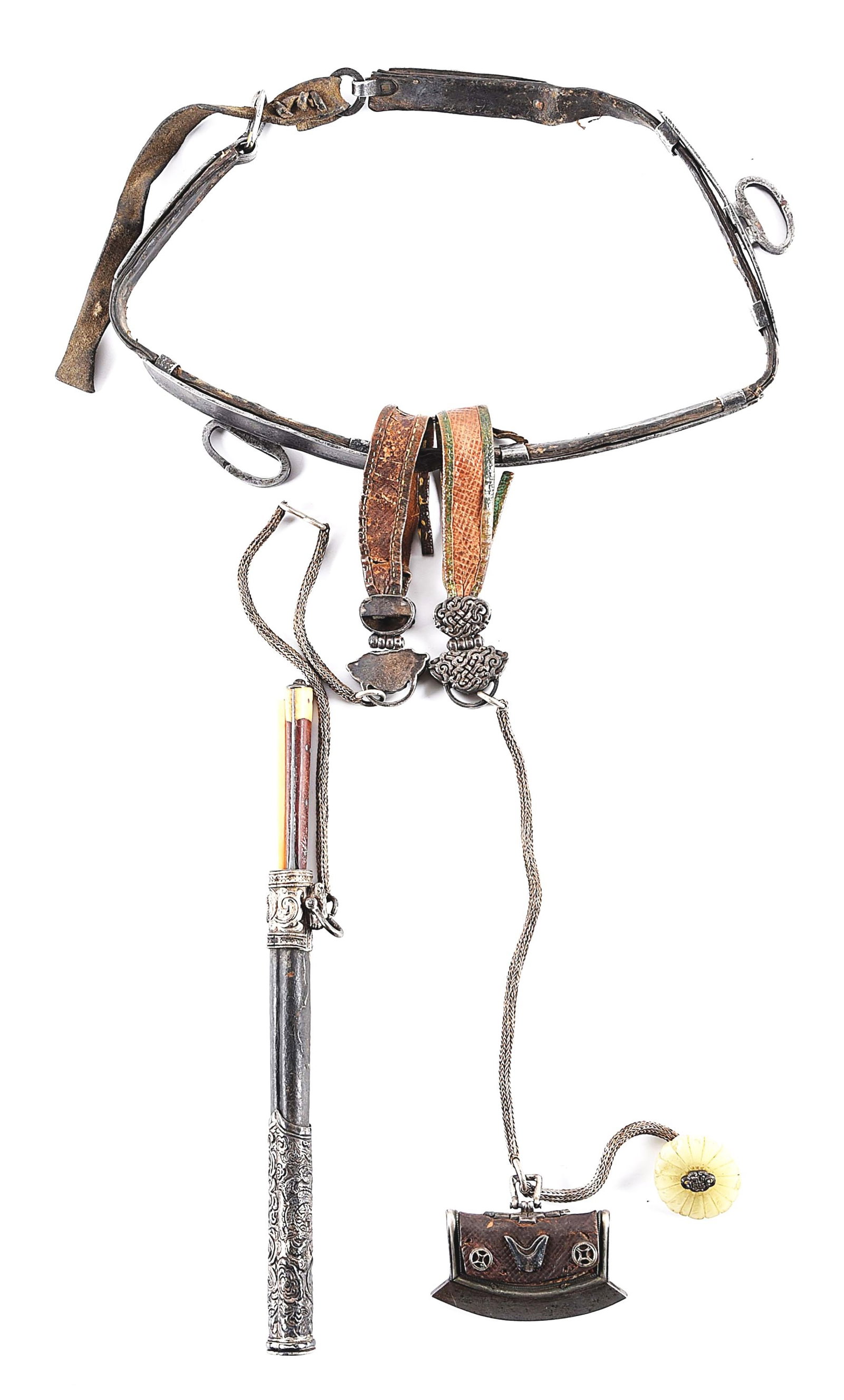 TIBETAN KNIFE CHOPSTICK SET, FLINT STRIKER AND LOPS.: Complete Tibetan horseman's knife, chopstick and Mecha tinder pouch setup on the original belt. Set is constructed on primitive Han cut harness leather and features a silvered metal sheath with finely