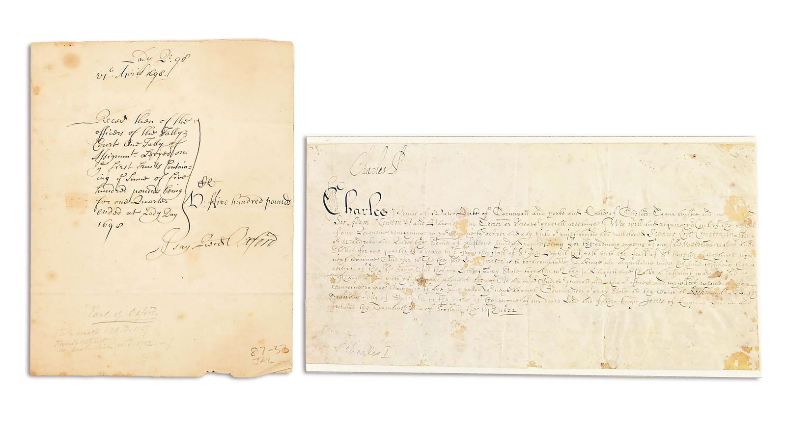 LOT OF 2 DOCUMENTS: CHARLES I AS PRINCE OF WALES; EARL OF OXFORD.: Lot consists of: (A) 1622 document signed by Charles I as Prince of Wales at upper left, “Charles P.” Son of James I, born 1600, crowned 1625, dismissed parliament in 1629, ruled 11 years