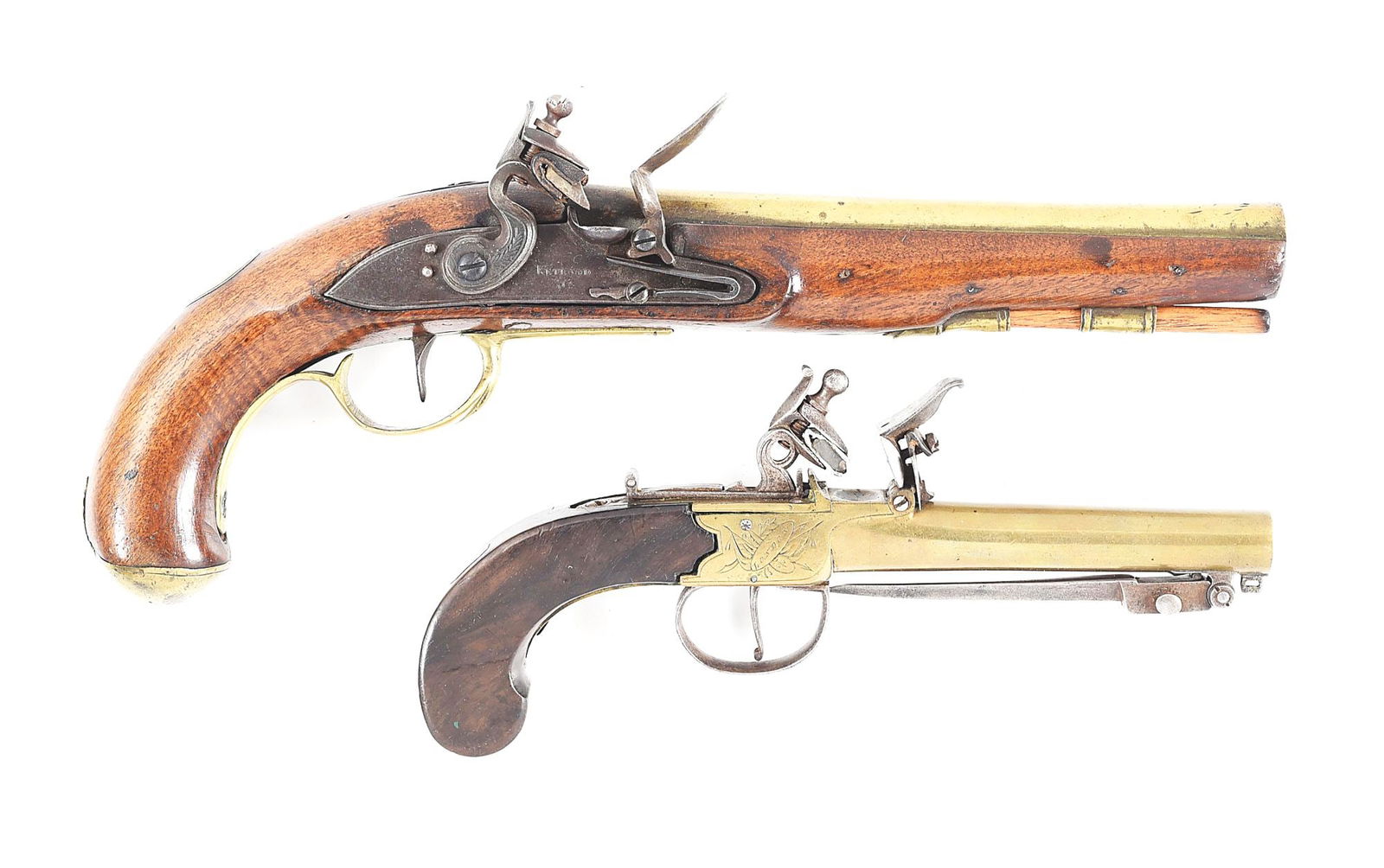 (A) LOT OF 2: BRASS BARRELED BRITISH FLINTLOCK PISTOLS.: Lot consists of (A) Brass barreled flintlock pistol by Ketland & Co. Brass barrel marked "LONDON" on top with private Tower view and proof marks, as well as "TK" for Thomas Ketland. The lockplate is m