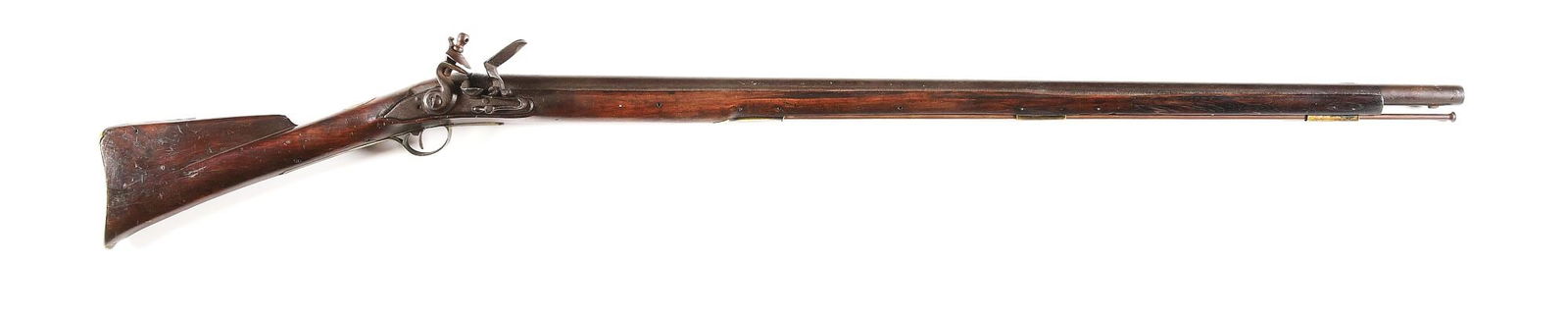 (A) AMERICAN FLINTLOCK MILITIA MUSKET.: Last quarter of the 18th century. Tapered round barrel is unmarked, bayonet lug mounted on bottom at muzzle. Dutch Model 1740 banana lock with unbridled pan and swan neck cock. Brass furniture includi