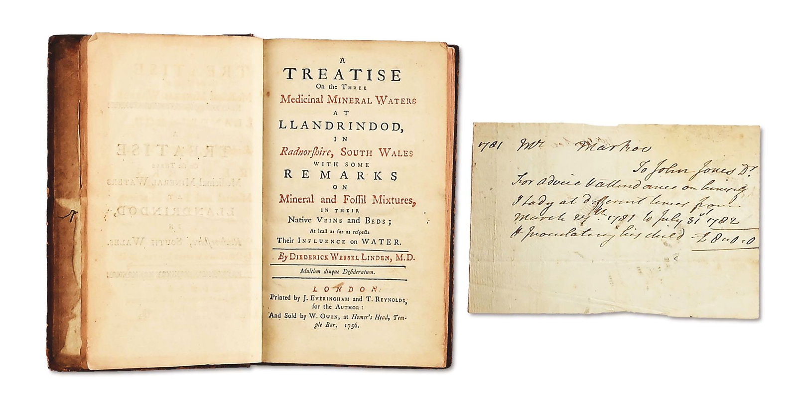 LOT OF 2: JOHN JONES SIGNED BOOK AND DOCUMENT.: Lot consists of: (A) "A Treatise on the Three Medicinal Mineral Waters at Llandrindod, in Radnorshire, South Wales...", London 1756, copy owned and from the library of Dr. John Jones, Columbia Univers