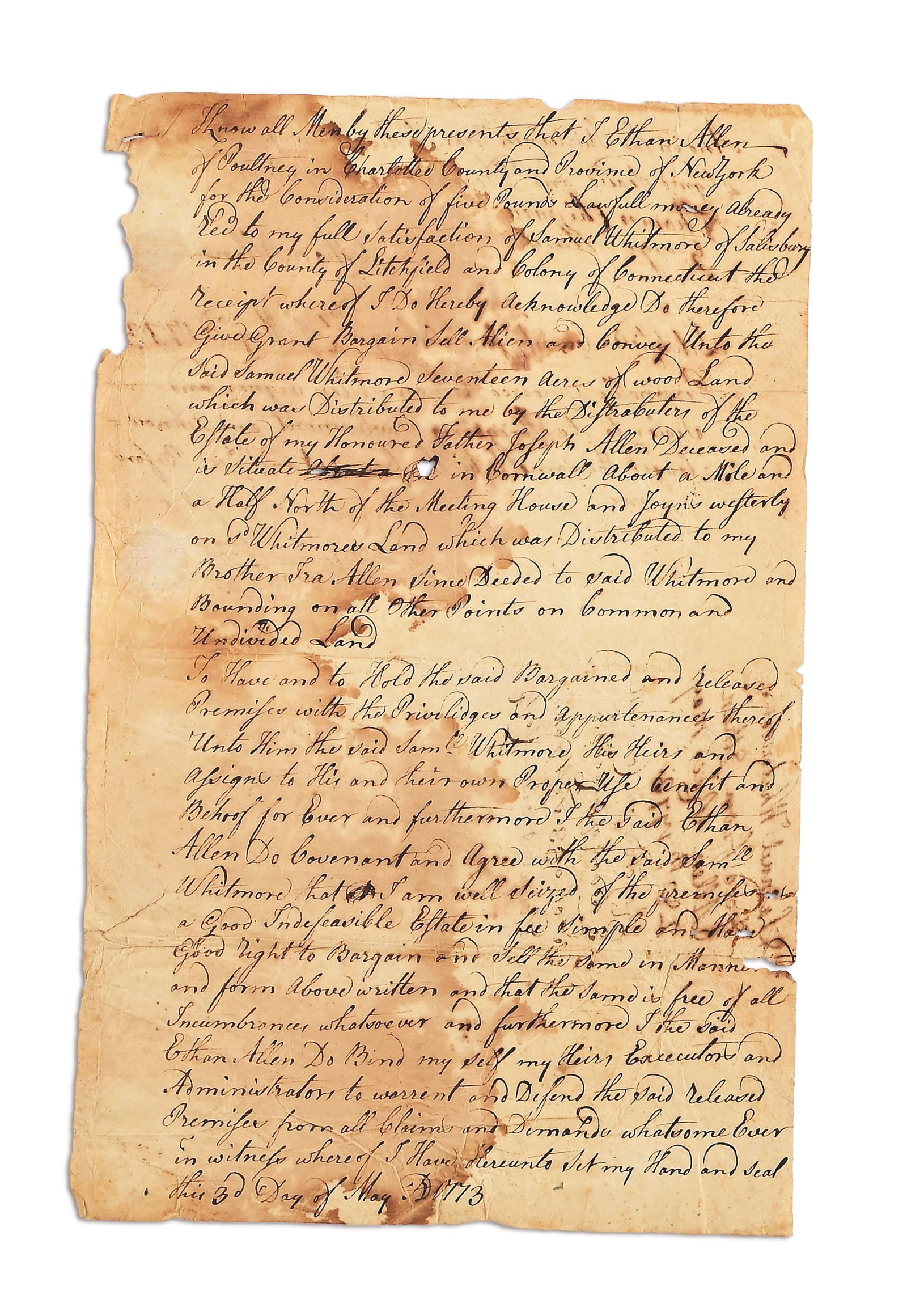 ETHAN ALLEN SELLS LAND INHERITED FROM HIS FATHER.: Ethan Allen May 1773 signed document selling 17 acres of woodland in Cornwall, Connecticut, inherited from his father, Joseph Allen, to Samuel Whitmore of Salisbury, Litchfield County, Connecticut. Et