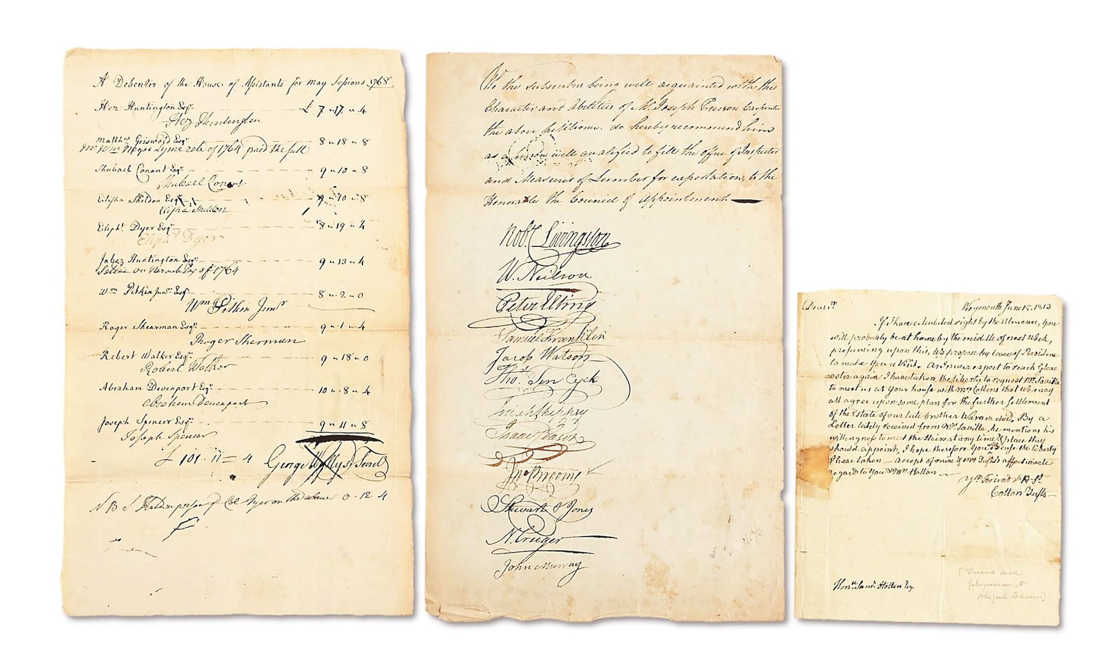 THREE REVOLUTIONARY WAR NOTABLES: ROGER SHERMAN, ROBERT LIVINGSTON, COTTON TUFTS.: Lot consists of 3 items, ex-Lattimer collection: (A) 1813 ALS by Cotton Tufts (1734-1815), 1765 Harvard graduate, cousin and physician to Abigail Adams, politically active against the Stamp Act, later