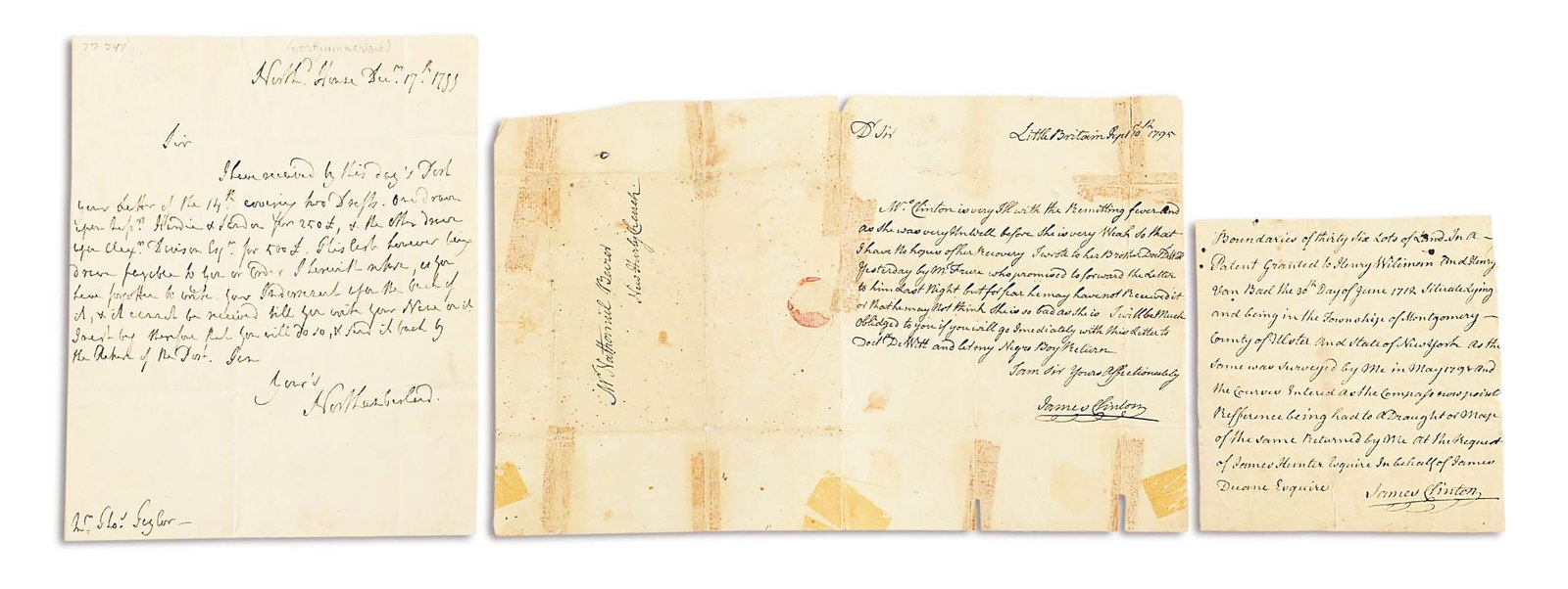 LOT OF 3 LETTERS: 1 BY HUGH PERCY; 2 BY JAMES CLINTON, ONE REGARDING HIS WIFE’S ILLNESS.: Lot consists of: (A) December 1799 ALS by Hugh Percy, 2nd Duke of Northumberland, signed “Northumberland,” returning a check and asking the addressee to properly endorse and return it. Per