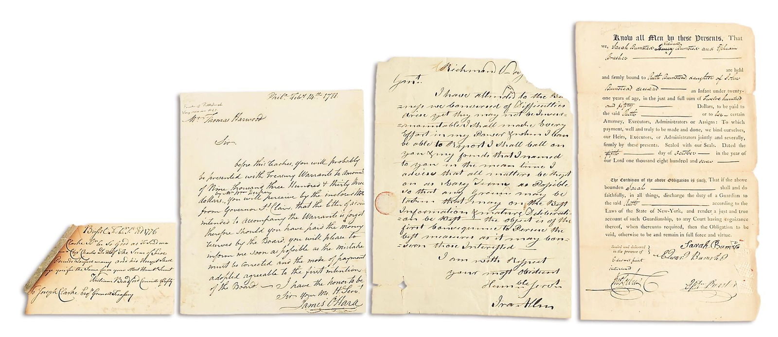 LOT OF 4: DOCUMENTS RELATED TO AMERICAN HISTORICAL FIGURES.: Lot consists of: (A) William Bradford ADS 5 - 3/4" x 3 - 1/2", Bristol, February 6, 1776 pay voucher for Captain Charles DeWolf and signed by Bradford for the Committee of Safety. Docketed and signed