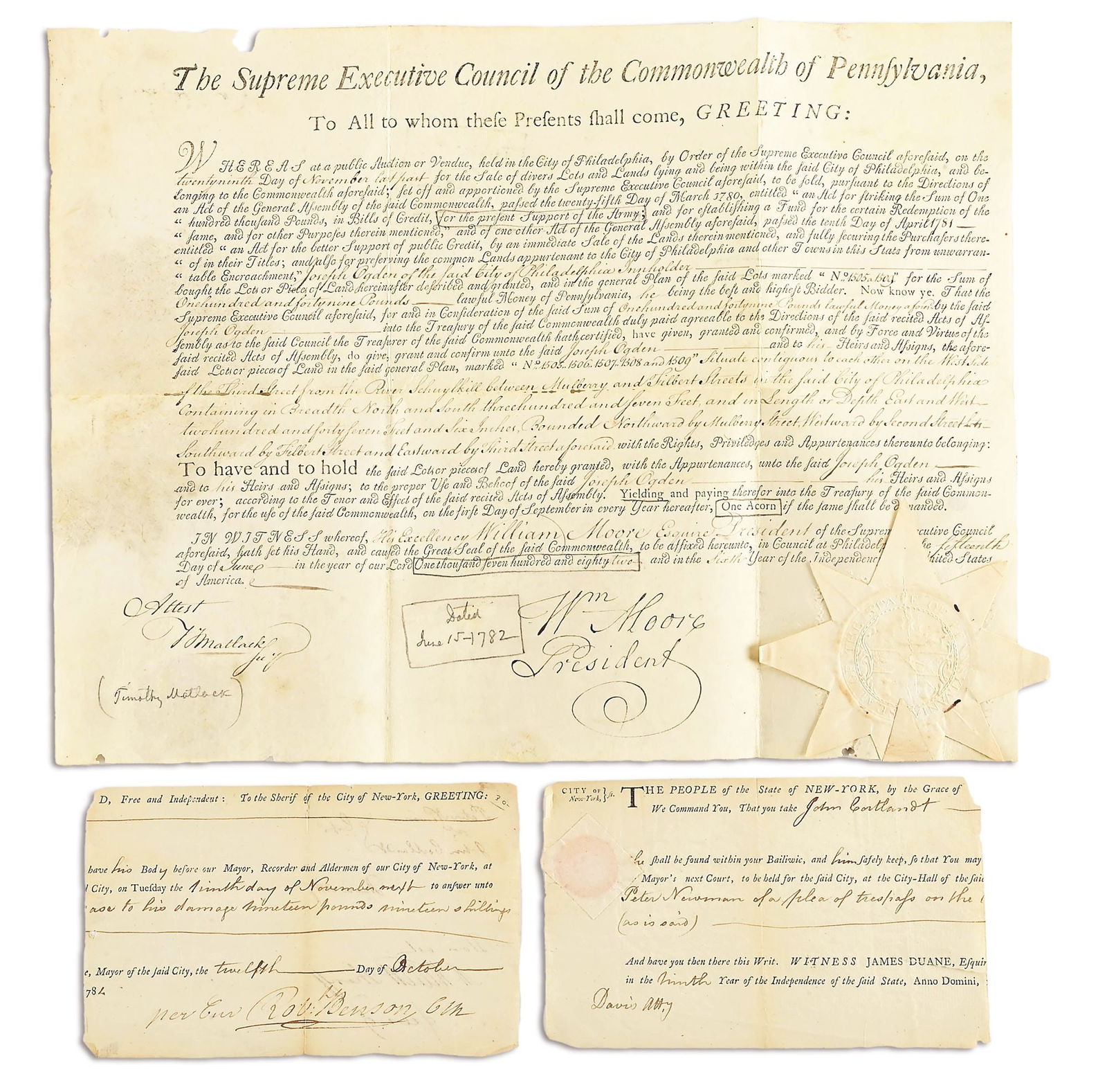 LOT OF 2: WILLIAM MOORE INDENTURE AND MARINUS WILLETT ARREST ORDER.: Lot consists of: (A) Colonial Pennsylvania indenture dated June 15, 1782 and signed by William Moore, who was a Pennsylvania statesman and politician of the Revolutionary era, serving as Vice-Presiden