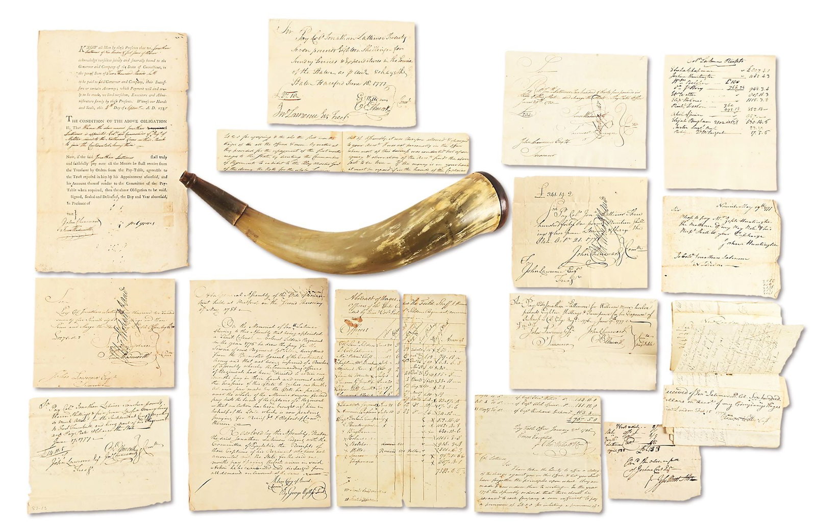 REVOLUTIONARY WAR PAPERS AND ACCOUNT BOOK OF COL. JONATHAN LATTIMER.: Lot of 14 documents associated with Lt. Colonel and Colonel Jonathan Lattimer (Latimer) of Connecticut. Includes his original Saratoga period Sept. 4, 1777, bond for 2,000 pounds to guarantee accurate