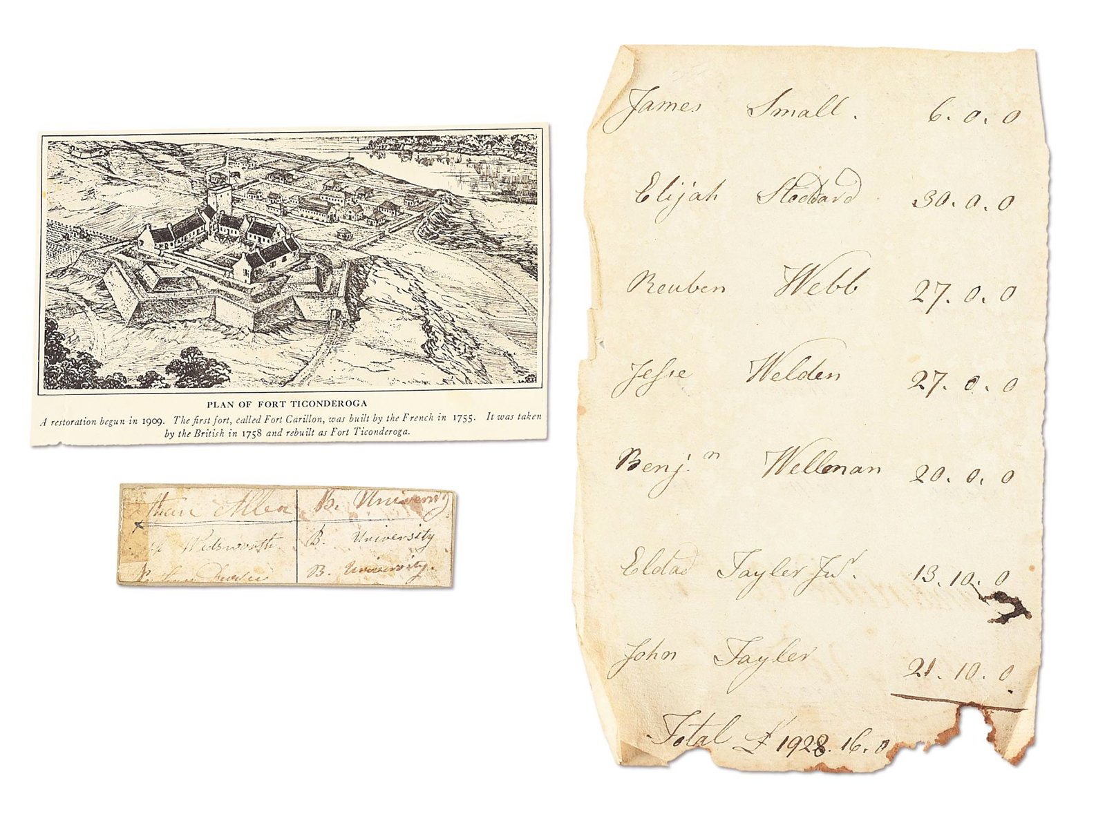 LOT OF 2: PAGE FROM ETHAN ALLEN'S ACCOUNT BOOK AND CLIPPED ETHAN ALLEN SIGNATURE.: Lot consists of: (A) 7 - 1/2" x 5" Ethan Allen autograph manuscript, unsigned, 2 pages, octavo, undated. A leaf from his account book, containing 7 entries on each side, consisting of the name of the 