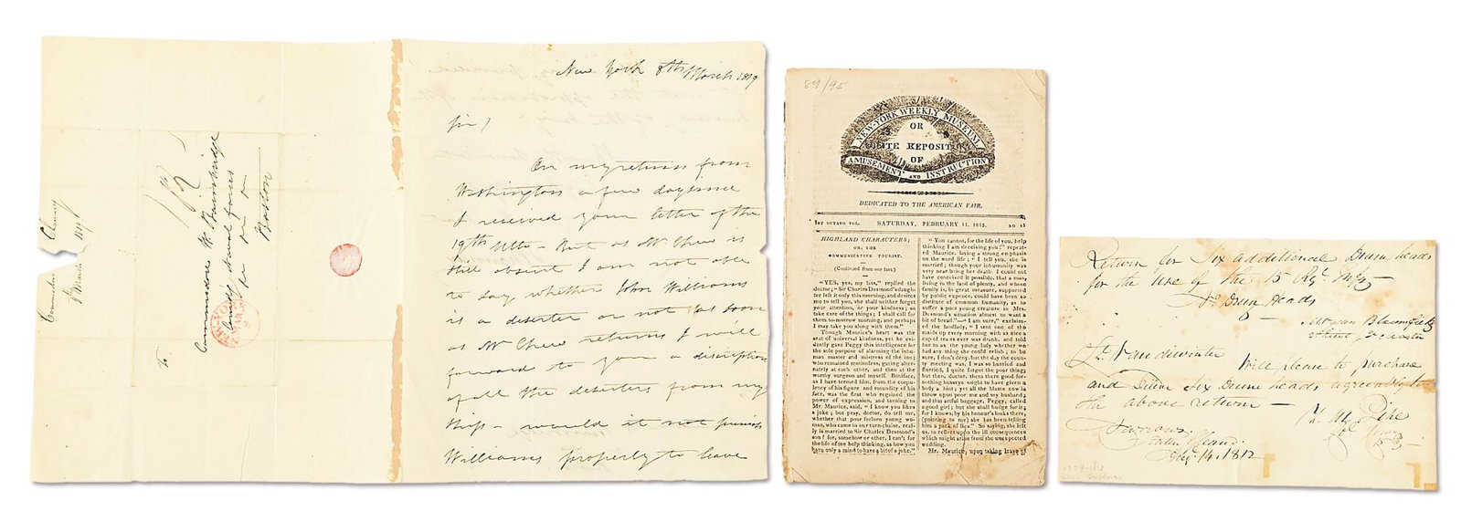 LOT OF 3 DOCUMENTS: ZEBULON PIKE, ISAAC CHAUNCEY, JACKSON AND NEW ORLEANS.: Lot consists of three items: A) Letter datelined New York 8 March 1819 signed by Isaac Chauncey to “Commodore W. Bainbridge / Comd’g Naval Forces / etc etc etc / Boston.” Both Chaunc