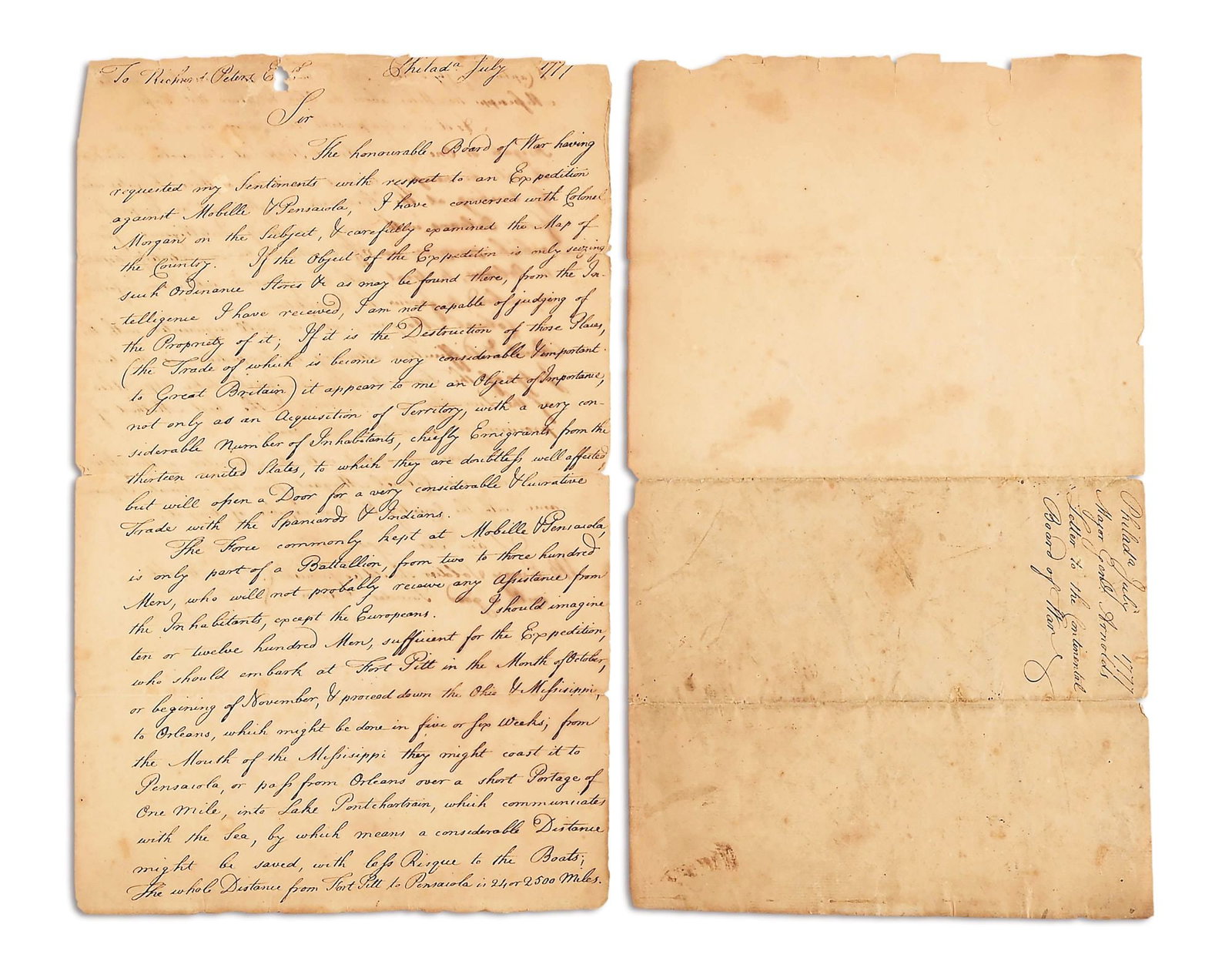 BENEDICT ARNOLD PLOTS AGAINST THE BRITISH AT MOBILE AND PENSACOLA, 1777.: Benedict Arnold shows his strategic sense in this letter datelined Philadelphia July 1777, addressed to Richard Peters, Secretary of the Continental Board of War: "Dear Sir, the honourable Board of Wa