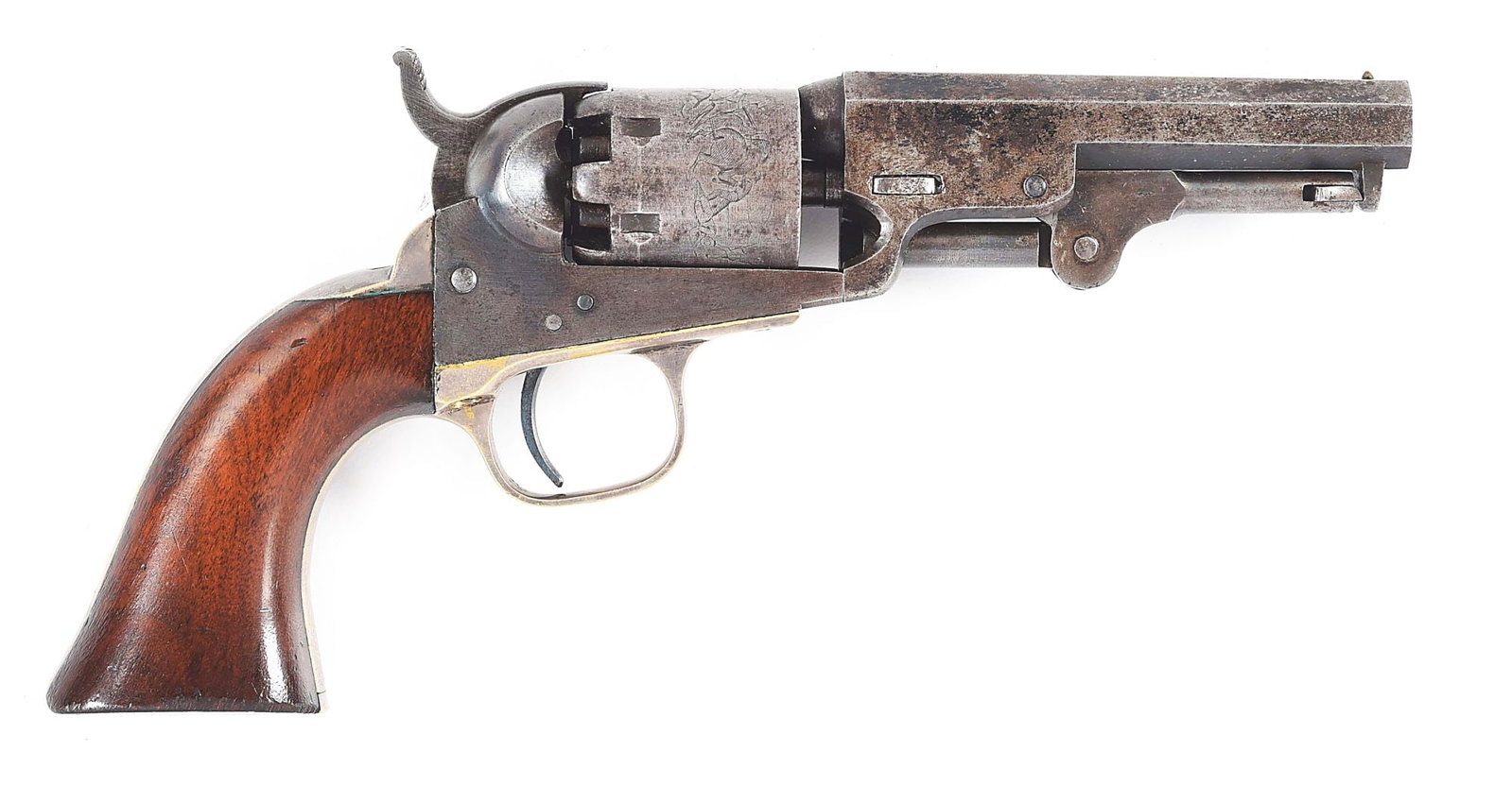 (A) COLT 1849 POCKET PERCUSSION REVOLVER.: Manufactured circa early 1863 at the height of the Civil War. Blued 4" octagon barrel with 1-line New York address, pin front sight, and hammer notch rear. Percussion cylinder rolled with the stagecoa