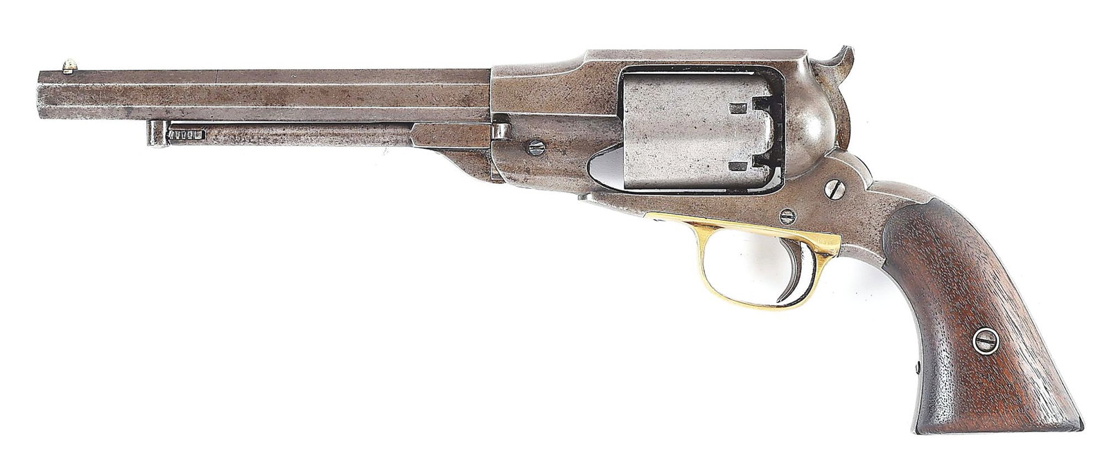 (A) REMINGTON-BEALS NAVY PERCUSSION REVOLVER WITH CONDERATE PROVENANCE..: Made by E. Remington and Sons between 1861 and 1862, only 14,500 made. 7 - 1/2" octagonal blued barrel with Beals patent and Remington address information and German silver cone front sight. Blued fin