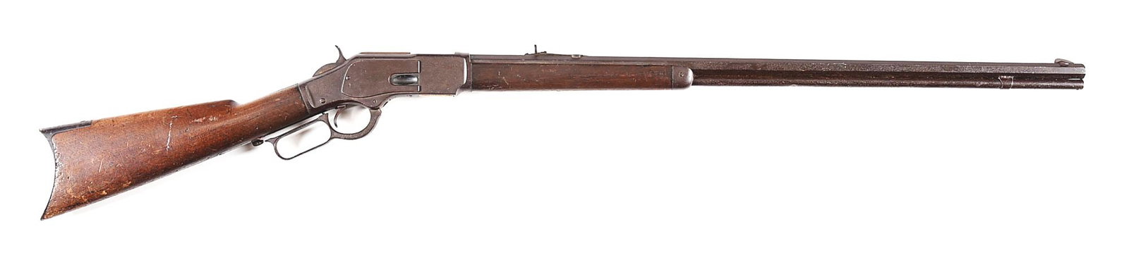 (A) WINCHESTER MODEL 1873 LEVER ACTION RIFLE WITH EXTRA LENGTH BARREL.: 3rd model rifle manufactured in 1883. Desirable 30" octagon barrel chambered in .32-20 with blade front sight, sporting rear, and full length magazine tube. 2-piece plain walnut stocks with steel nose