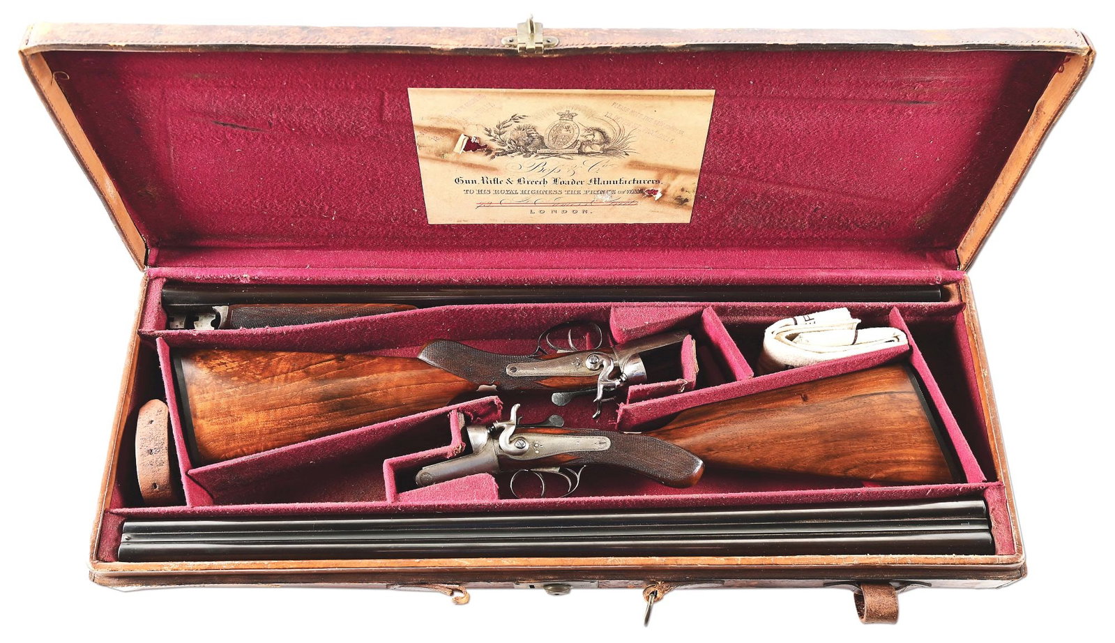 (A) TRUE PAIR OF A.T. BATES 12 BORE HAMMER SHOTGUNS CASED.: Manufactured as a true pair numbered 1 & 2 and in identical configuration with 30" barrels. Dovetail lump barrels, barrel flats with proofs for choked nitro proofed 12 gauge barrels, and signed in the