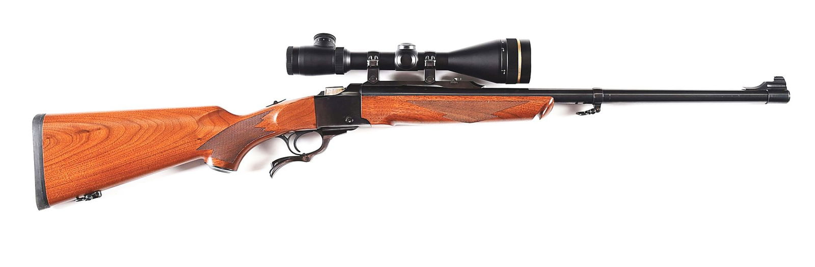 (M) RUGER NO. 1 TROPICAL .375 H&H MAGNUM SINGLE SHOT RIFLE.: Made by Sturm Ruger Company in 2010. 24" round blued steel barrel with Ruger address in .375 H&H with tropical style sights and fitted with Leupold 4.5-14x Vari-X III Firedot gold ring scope. Blued re