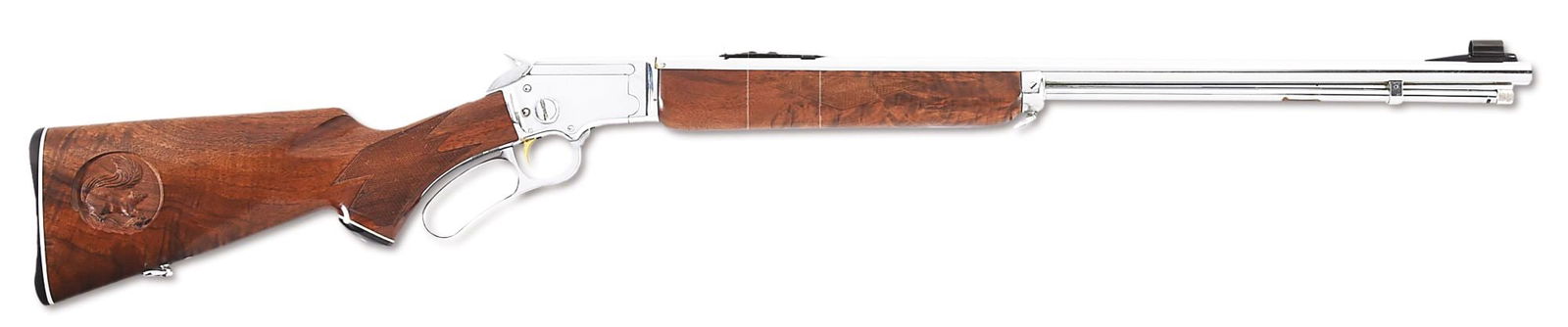 (C) RARE 90TH ANNIVERSARY MARLIN GOLDEN 39A-DL LEVER ACTION RIFLE.: Number 42 of only 500 produced in 1960 to celebrate the 90 anniversary of Marlin. Bright chrome finished with a gold washed trigger. 24" round barrel with blued hooded blade front sight and elevation