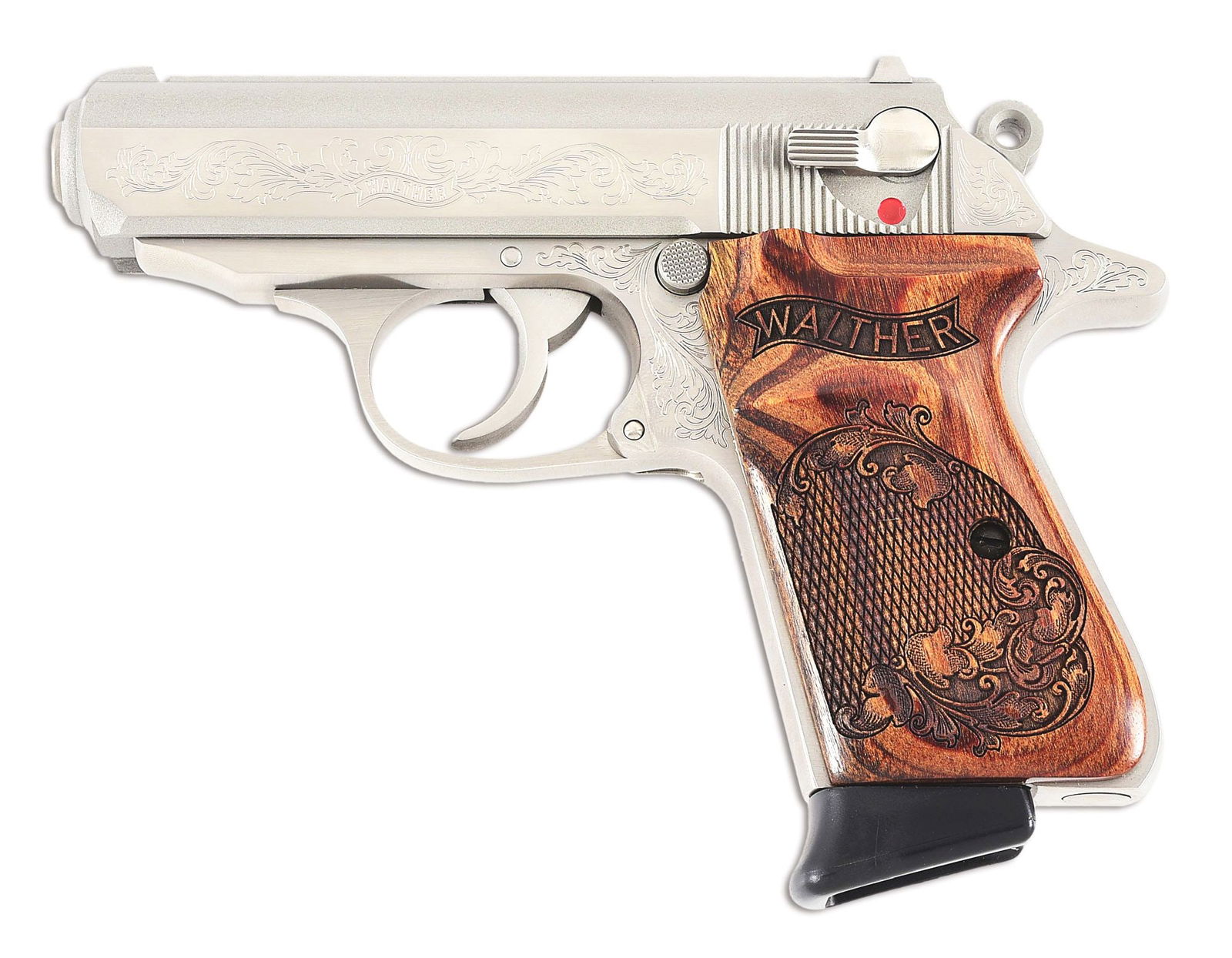 (M) ENGRAVED WALTHER PPK/S-1 SEMI AUTOMATIC PISTOL MADE BY SMITH & WESSON.: Modern production as made by Smith & Wesson. Classic configuration in .380 ACP with ergonomically sculpted walnut grips with laser cut checkering and acanthus scroll, with "WALTHER" in iconic banner a