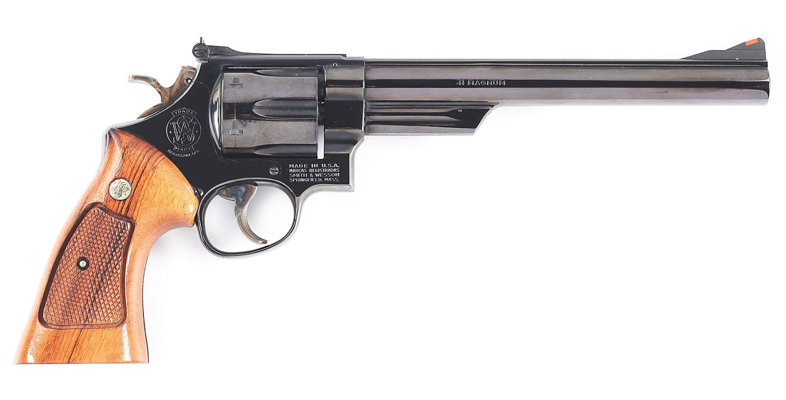 (M) SMITH & WESSON MODEL 57 .41 MAGNUM DOUBLE ACTION REVOLVER WITH CASE.: Circa 1980. Polished blue finish throughout with case hardened wide target trigger and hammer. Pinned 8 - 3/8" round barrel with matted rib, red insert ramped front sight, and adjustable square notch