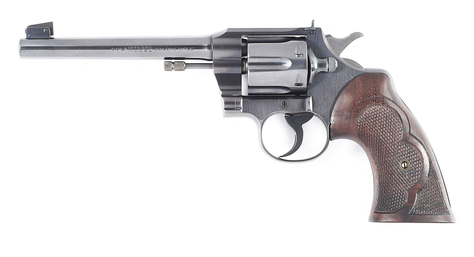 (C) COLT OFFICERS MODEL TARGET .22 DOUBLE ACTION REVOLVER WITH ROPER GRIPS.: Shipped May 9, 1938 to Seattle Hardware, Seattle, Washington with .22 chambering, 6" barrel, blued finish, 1/8" front sight, and 3-pound trigger pull. The tapered 6" barrel is marked on the top flat w