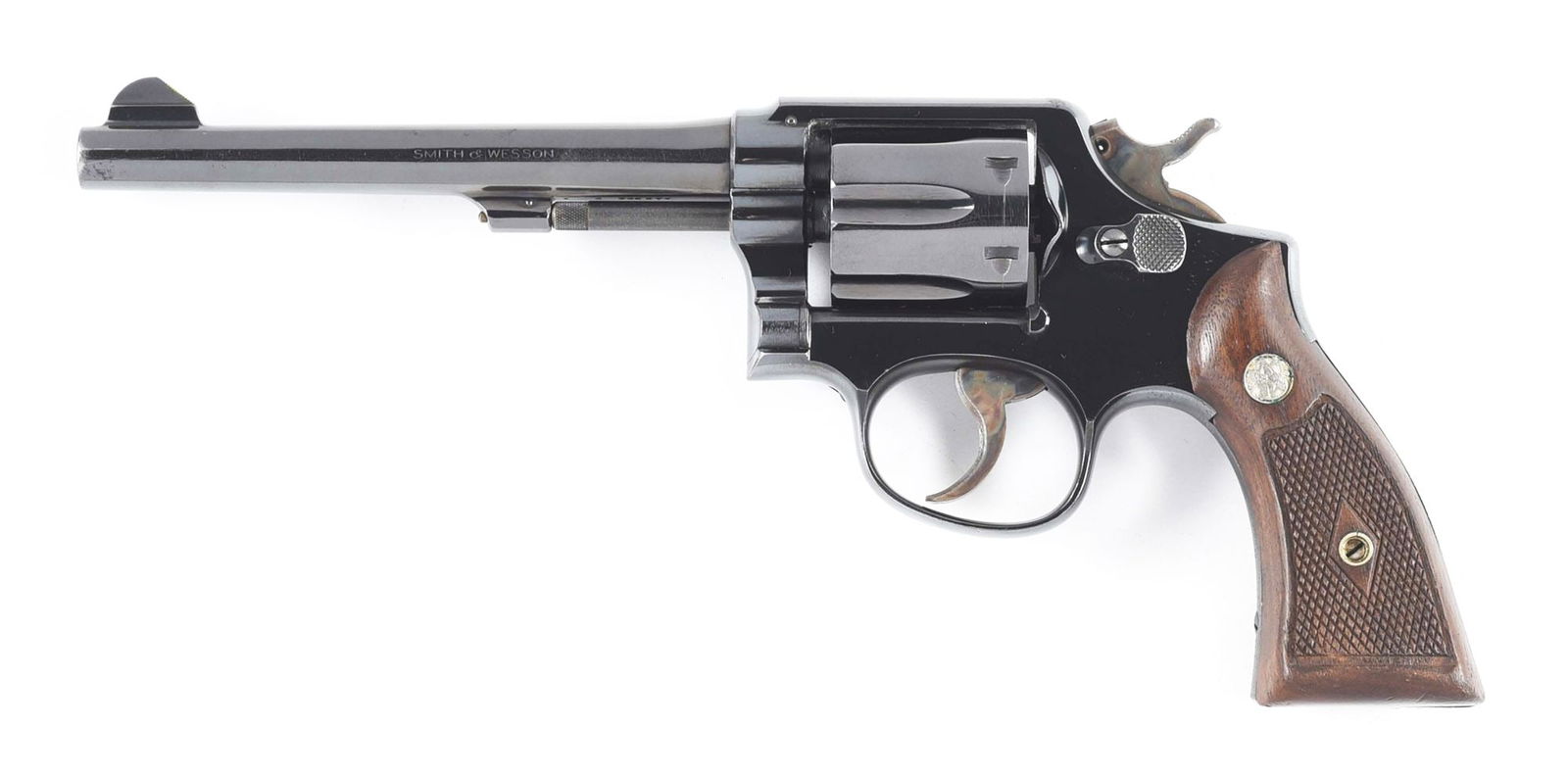 (C) SMITH & WESSON M&P .38 SPECIAL REVOLVER WITH GOLD BOX.: Pre-Model 10 manufactured circa 1954-1956. Polished blue finish with case hardened trigger and hammer. Pinned 6" tapered round barrel with ramped front sight and frame notch rear. Chambered in .38; sq