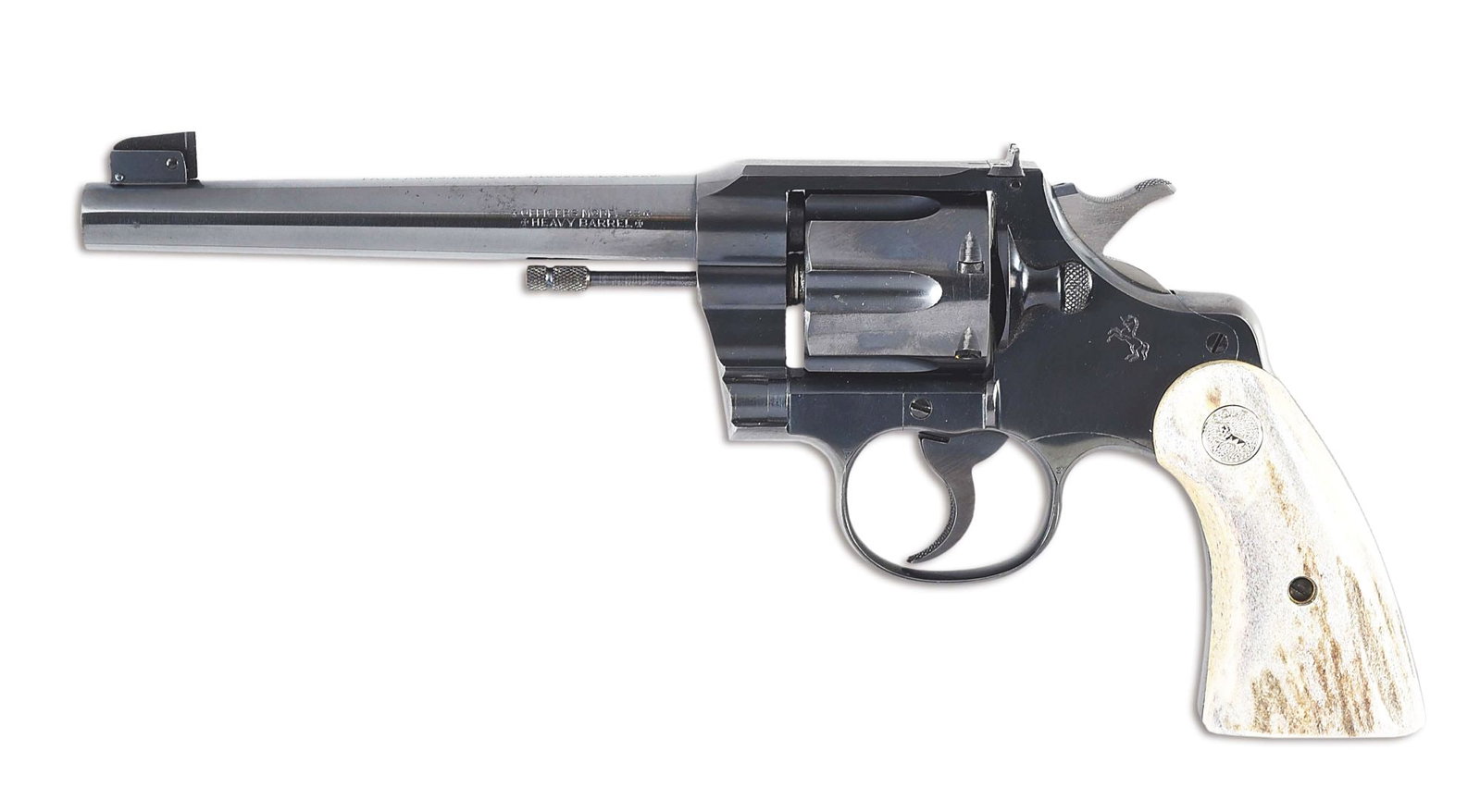(C) COLT HEAVY BARREL OFFICERS MODEL TARGET DOUBLE ACTION REVOLVER.: Circa 1926. Blued heavy barrel marked on the top with 2-line address and on the left "OFFICERS MODEL .38 / HEAVY BARREL" between Maltese crosses. Adjustable target front sight blade and matted flat to