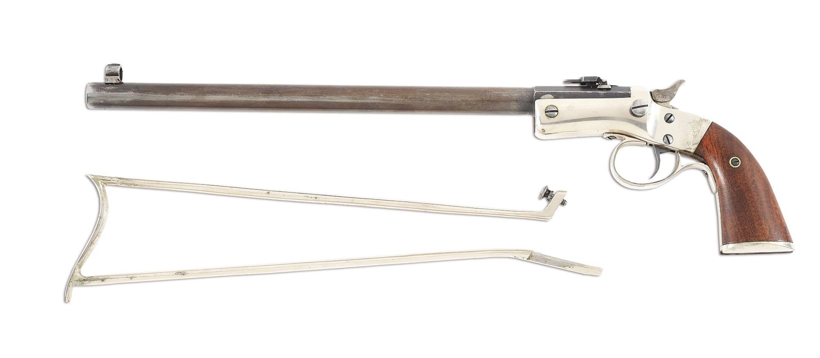 (C) STEVENS POCKET RIFLE WITH HOLSTER.: Stevens "New Model" Pocket Rifle 2nd issue. 12" octagon-to-round barrel chambered in .22 Short & Long rimfire. Globe front with fold down ladder rear sights. Brass frame with nickel finish. Blued barr