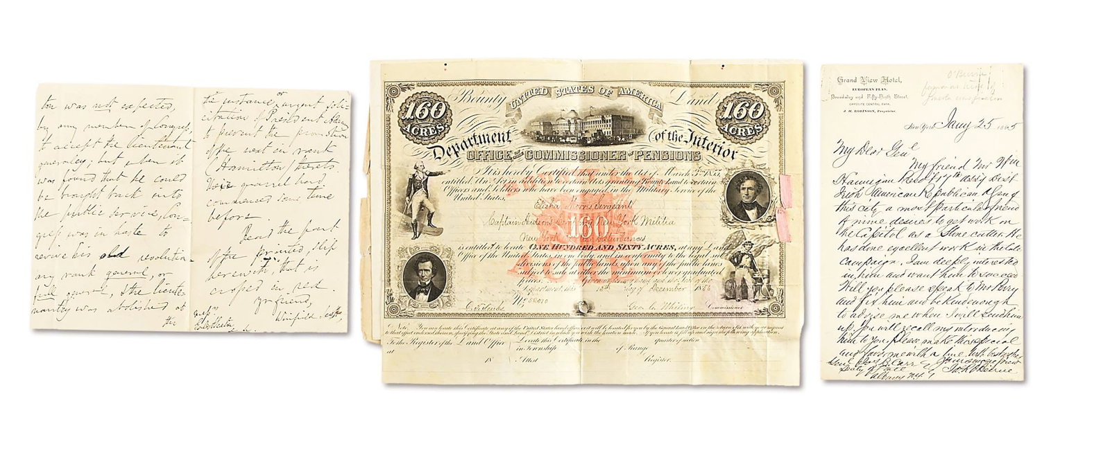 LOT OF 3: WINFIELD SCOTT ALS, J.R. O’BEIRNE LETTER, WAR OF 1812 BOUNTY LAND GRANT: Lot consists of letters and documents ex-Lattimer collection. (A) Interesting 1855 ALS by Winfield Scott noting that when Congress reappointed Washington to his old rank of full General, Pres. Adams h