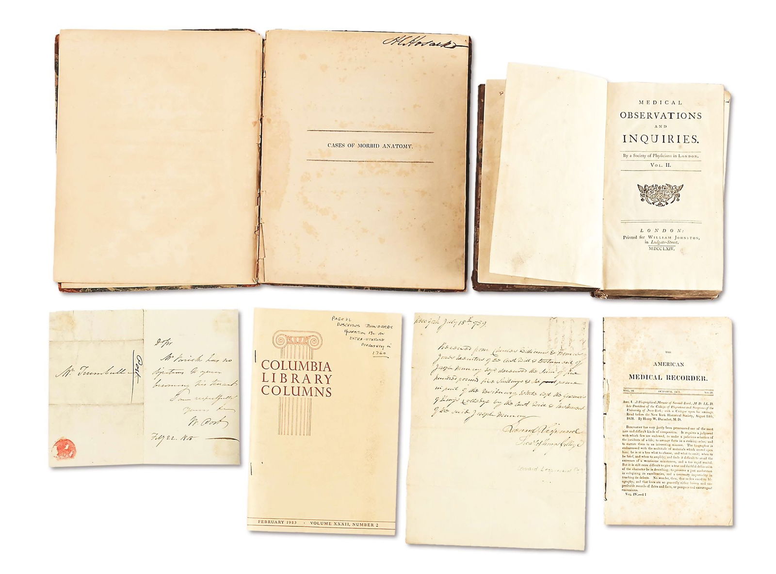 LOT OF DOCUMENTS AND BOOKS RELATED TO EARLY COLUMBIA UNIVERSITY.: Lot of 6 items ex-Lattimer collection related to Columbia: (A) 1805 note from Dr. Wright Post to artist John Trumbull: “Mr. Varick has no objections to your becoming his tenant…” Tru