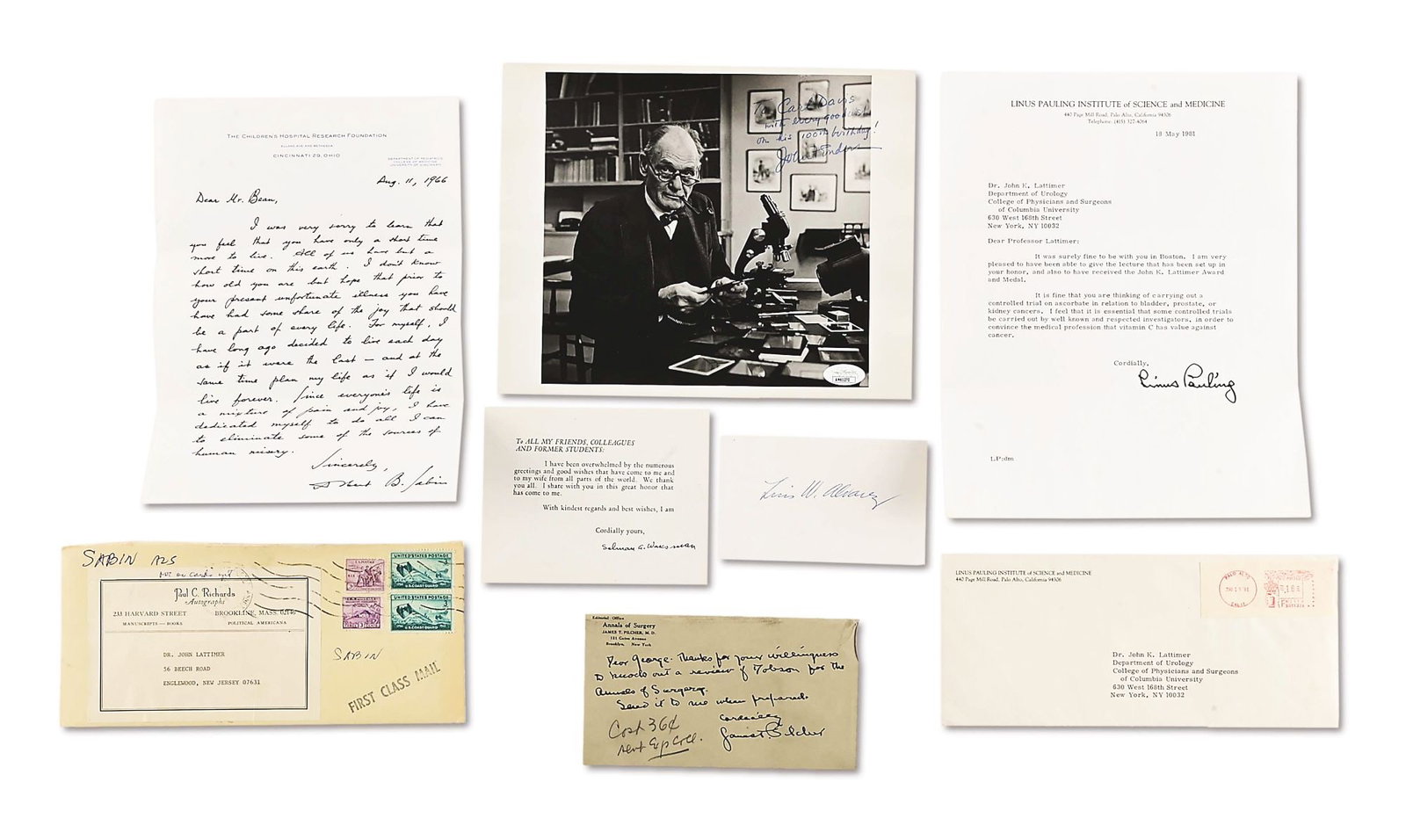 LOT OF 6: 20TH CENTURY MEDICAL AND SCIENCE RELATED SIGNATURES.: Lot consists of: (A) 8" x 10" photo of John Franklin Enders signed "To Carl Davis with every good wish on his 100th birthday John F Enders". (B) Typed letter from Linus Pauling to Dr. John Lattimer wi