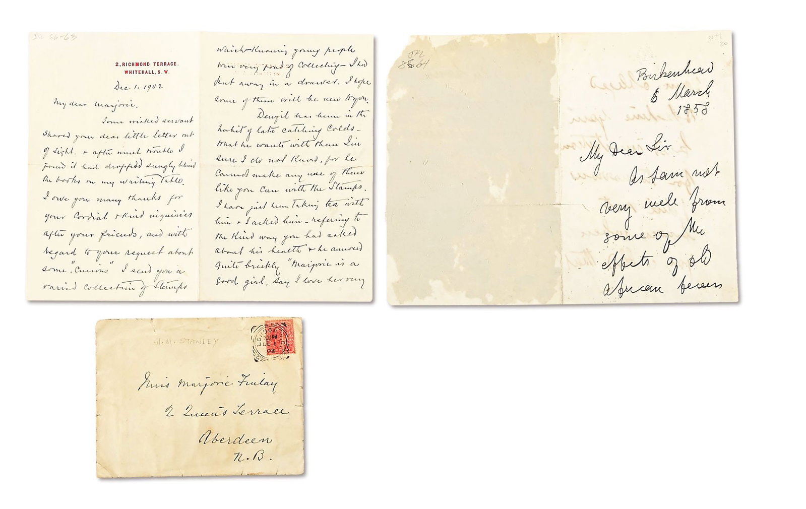 LOT OF 2: DOCUMENTS SIGNED BY HENRY MORTON STANLEY AND DAVID LIVINGSTONE.: Lot consists of: (A) Henry Morton Stanley ALS on Whitehall stationary, 3 pages, 8vo, London December 1, 1902. To Majorie Finlay "Some wicked servant shoved your dear little letter out of sight and aft