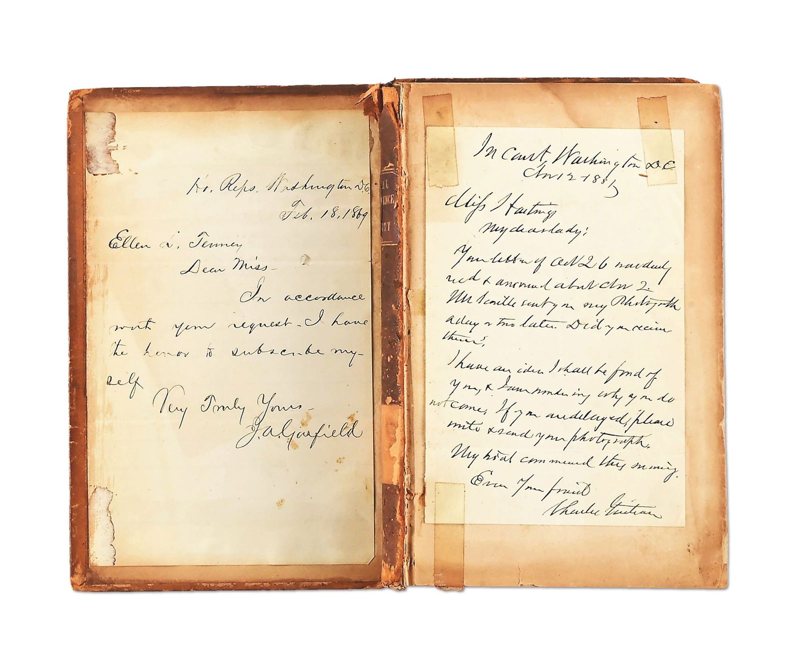 SMALL JAMES GARFIELD ARCHIVE, WITH HIS SIGNATURE AND LETTER FROM HIS ASSASSIN, EX-LATTIMER.: A small, yet interesting archive related to 20th president of the United States James A. Garfield, and his assassin, Charles Guiteau. The archive is contained in the book "A Treastise on the Medical J